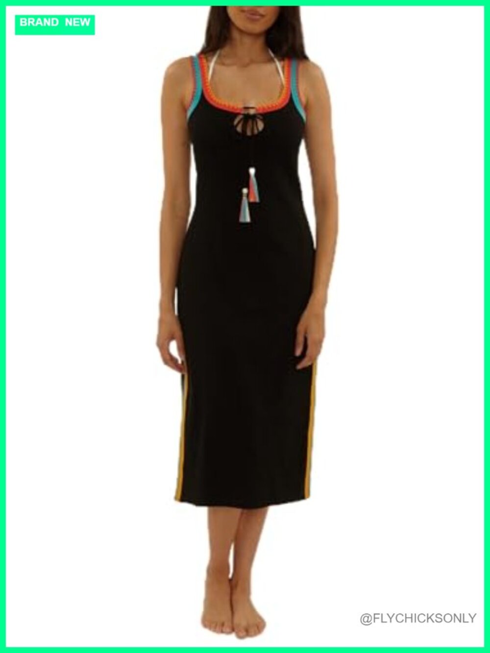 Ribbed Cotton Midi Dress Beach Cover Up Side Slits Keyhole Tie